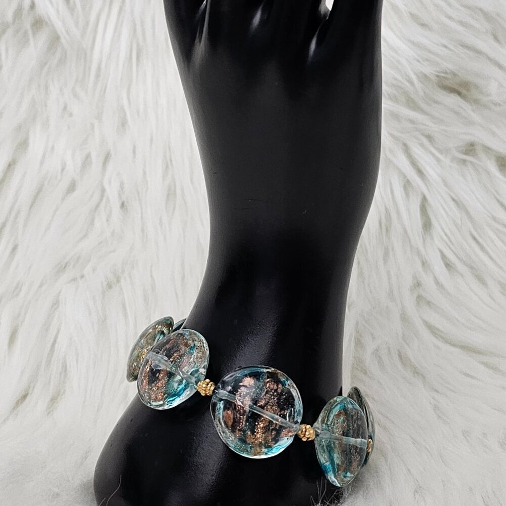 Murano Glass Vintage Aqua Blue Gold Leaf Shimmer Smooth Glass Art Bead Bracelet